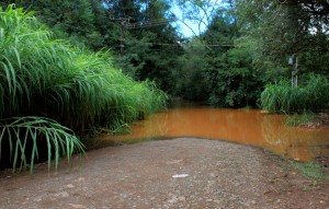Próximo a estação de coleta da Sanepar, o rio invadiu a estrada e impossibilitou o acesso até a Linha Santa Bárbara